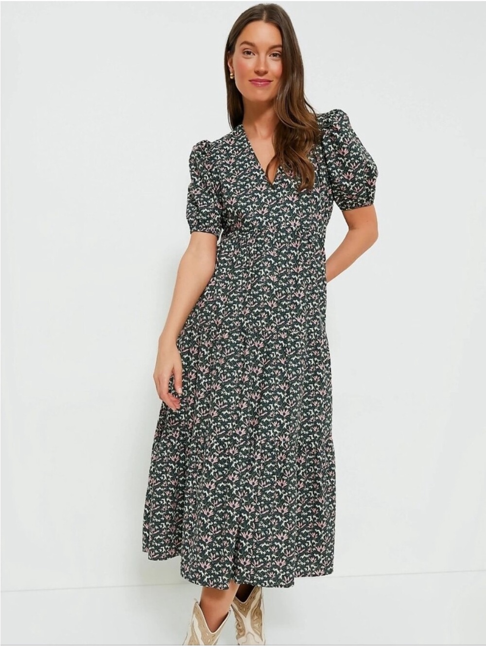 NWT Hyacinth House Green & Pink Floral Tiered Sadie Midi Dress Medium